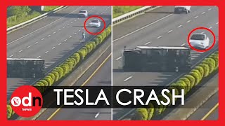 Tesla on Autopilot Crashes into Overturned Truck on Busy Highway in Taiwan [upl. by Gredel]